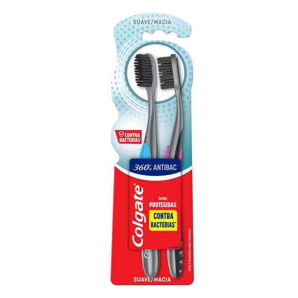 2-Pack Colgate 360 Antibacterial Toothbrush with Soft Rubber Grip Handle and Ergonomic Design