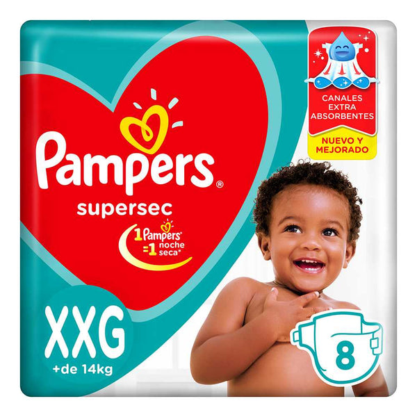 Pampers Supersec Xxlarge (8 Units Ea.) - 3-Layer Absorbent Core, Soft & Stretchy Waistband, Wetness Indicator & Hypoallergenic Inner Layer